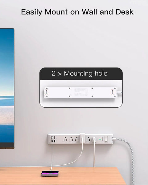 10 In 1 Surge Protector Power Strip With 6 Outlets And 4 USB Ports Fast Charging, 5Ft Braided Extension Cord, Wall Mount option shown