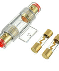 Heavy Duty In Line AGU Fuse Holder With 60 Amp Fuses For 4 To 8 Gauge Wire Car Audio Amp and Compressor Wiring, clear body with gold fuses.