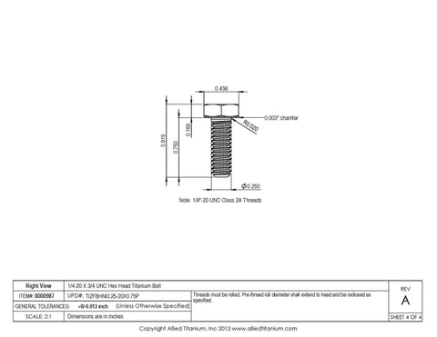 Premium Grade 2 Titanium Hex Head Bolts 1/4-20 X 3/4 UNC Threads Pack Of 20 showing detailed dimensions and specifications.