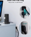 Ultra-thin flat plug of Heavy Duty Power Strip Tower Surge Protector easily connects to wall outlet, designed for seamless desk organization.