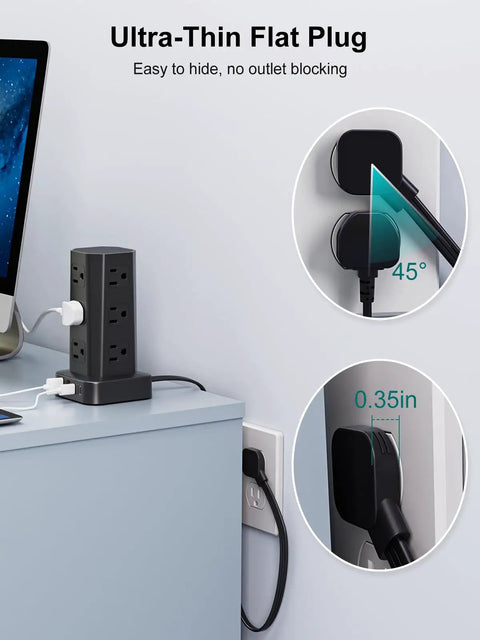 Ultra-thin flat plug of Heavy Duty Power Strip Tower Surge Protector easily connects to wall outlet, designed for seamless desk organization.