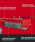 Side view of 36-Inch Tow-Behind Spike Aerator For Lawns With 9 Galvanized Disks And An 80 Lb Weight Tray, Universal Hitch, Red frame