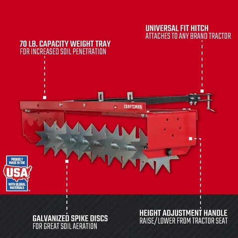 Side view of 36-Inch Tow-Behind Spike Aerator For Lawns With 9 Galvanized Disks And An 80 Lb Weight Tray, Universal Hitch, Red frame