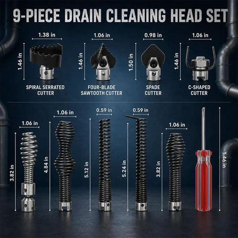 10 Piece Drain Cleaner Head Set Heavy Beefy Reinforcement for Autofeed 50ft Drain Auger Spring Loaded Cutters, 9-piece head set with various cutter designs.