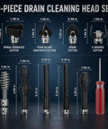 Image of 9-piece drain cleaning head set showing various cutters and sizes for Heavy Duty 10 Pack Drain Snake Heads Rock Solid Spring Auger Tips Clog Crushing Performance Smooth Running Action Badass Pipe Uncorking Tools That Bring Some Serious Heat To Your Plumbing Jobs With Zero Drama.
