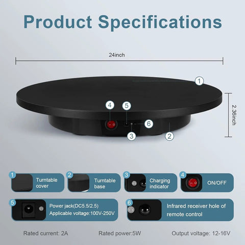 Upgraded 360 Degree Electric Turntable Display Stand With Remote Control For Professional Product Photography And Video Shoots specifications showing size and features.