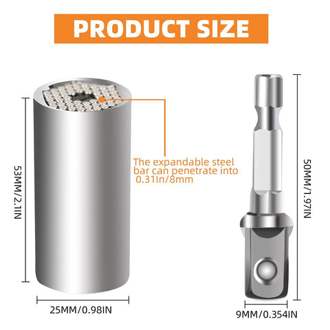 Product size details of Dope Universal Socket Set With Drill Adapter For Men Dads Gift, showing dimensions and expandable feature.
