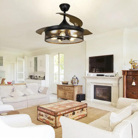 Black 42 Inch Ceiling Fan With Lights Remote Control Vintage Cage Dope Yet Silent Retractable Blades For Kitchen Dining Living Room