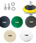 DIY Friendly Glass, Epoxy, And Resin Sanding And Polishing Kit with 5 inch wool felt pads, sandpapers, and hook loop backing plate.