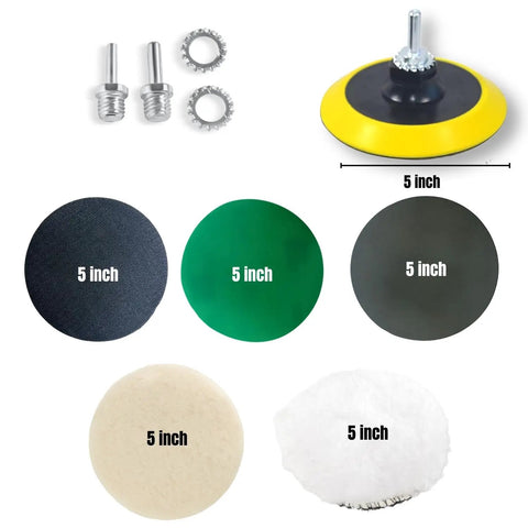 DIY Friendly Glass, Epoxy, And Resin Sanding And Polishing Kit with 5 inch wool felt pads, sandpapers, and hook loop backing plate.