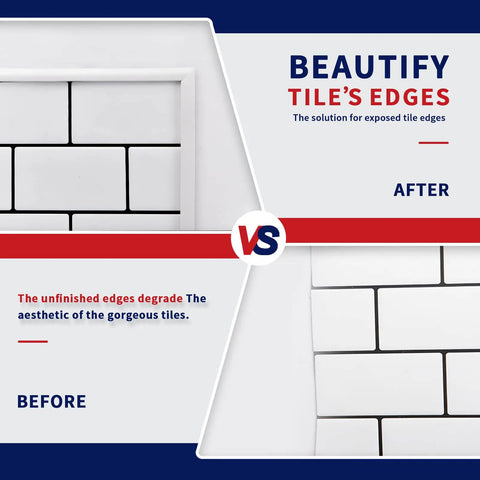 Comparison of unfinished and finished tile edges using White Peel And Stick Trim For Backsplash Tile Edges 30 Ft Self Adhesive Flexible Corner Decor Waterproof PVC Trim For Walls Edges And Gaps Easy Clean Surfaces.