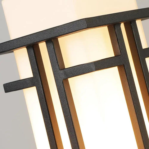 Close-up of the metal frame and frosted glass from Weatherproof Outdoor Post Lights With Metal Frame And Milk White Frosted Glass Pier Mount, 3 Inch Base, Pillar Lantern For Garden, Backyard And Porch Weather Resistant