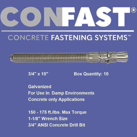 Three Quarters Inch By Ten Inch Galvanized Wedge Anchor For Concrete In Moist Environments Durable Construction Box Of Ten