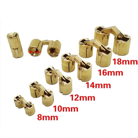 2 Pack Copper Barrel Hidden Cabinet Hinges Gold Finish For 8 To 18 Mm Doors, Invisible Concealed Hinge With Full 180 Degree Rotation