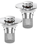 Two chrome pop-up sink drain strainers with removable SUS304 stainless mesh baskets.