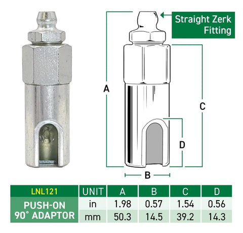 Front view of silver metal push-on slotted right-angle grease coupler, Amazon brand, with dimension diagram.