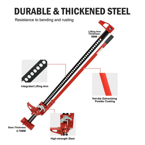 60 Inch Ratcheting Off Road Farm Jack Be Beefy 3 Ton Capacity 6,600 Lb Heavy Duty Lift, durable steel frame with labels for arm and base