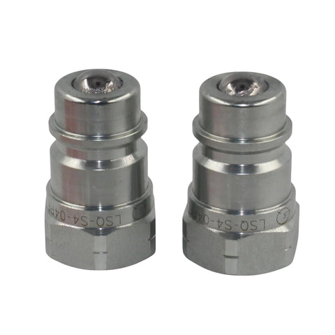 Two chrome-plated 1/2 in NPT hydraulic quick-connect male couplers with ball valve.