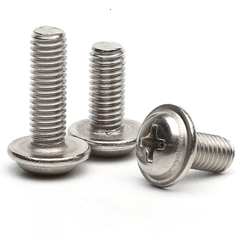 Pro Grade 304 Stainless Steel Self Tapping Screws With Built In Washers M3 X 20 Millimeter Pan Head Bolts close-up view.