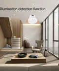 Installed Zigbee 5.8GHz MmWave Presence Sensor on ceiling in modern living room, detecting illumination and motion.