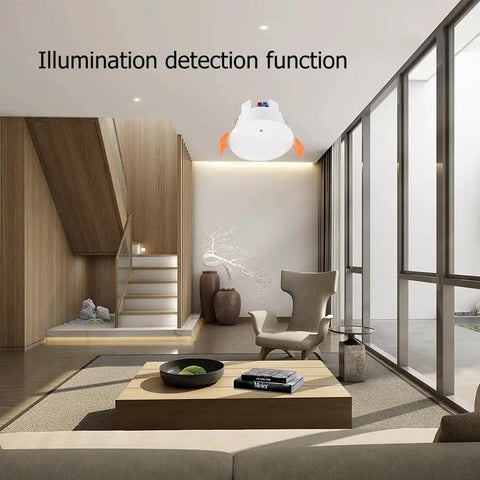 Installed Zigbee 5.8GHz MmWave Presence Sensor on ceiling in modern living room, detecting illumination and motion.