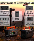 Your Go To Portable Power Station 300W 270Wh Lithium Battery Solar Generator with AC USB outlets on grassy hill at sunset.