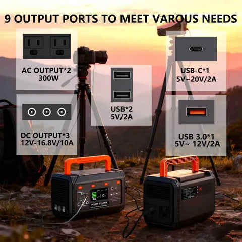 Your Go To Portable Power Station 300W 270Wh Lithium Battery Solar Generator with AC USB outlets on grassy hill at sunset.