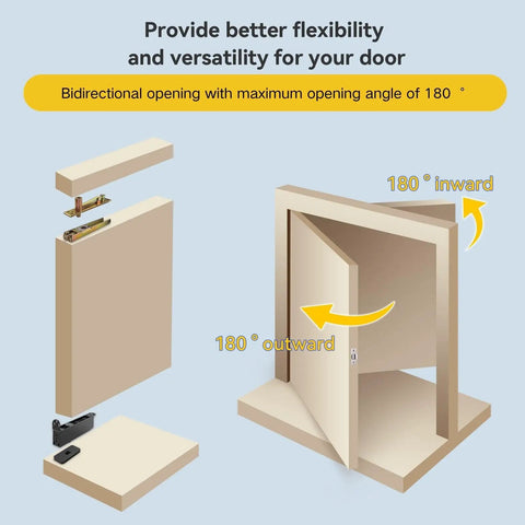 Self Closing Concealed Door Pivot Hinges Feature Rock Solid Heavy Duty Hydraulic Springs And Slick 360 Degree Rotation For Invisible Hidden Wood Doors Built To Handle 220 Lbs No Hassle With Adjustable Speed Control showing 180° bidirectional opening.