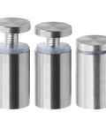Three stainless steel 1x2 inch wall sign standoff spacers with caps, silver finish