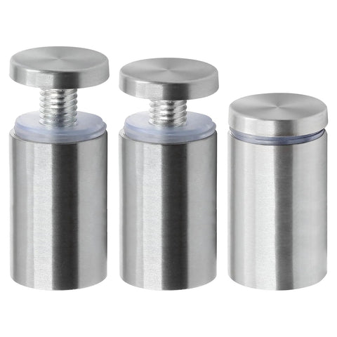 Three stainless steel 1x2 inch wall sign standoff spacers with caps, silver finish