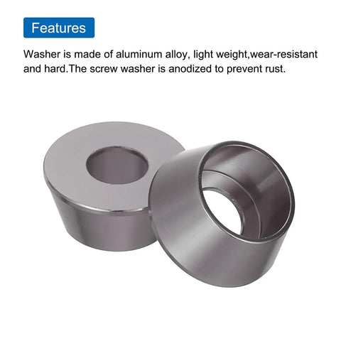 M8 Cone Cup Washers Anodized Aluminum Titanium Gray Flange Gaskets Heavy Duty Fasteners For Rc Drones Cars And Modded Builds Top Shelf 20 Pack Custom Hardware Set close-up view showing two washers with smooth surfaces and central holes.