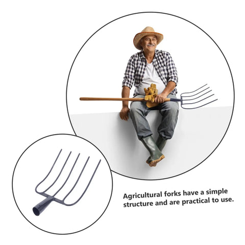 Man holding Heavy Duty Handheld Manure Fork For Garden And Lawn Cleanup Iron Farm Tool, additional fork detail shown.
