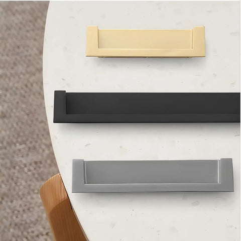 Rock Solid Zinc Alloy Recessed Handles For Kitchen Cabinets Set Of Two Black Inset Hidden Flush Drawer Pulls Featuring Slick Rust Proof Surface And Seamless Edge Profile on table.
