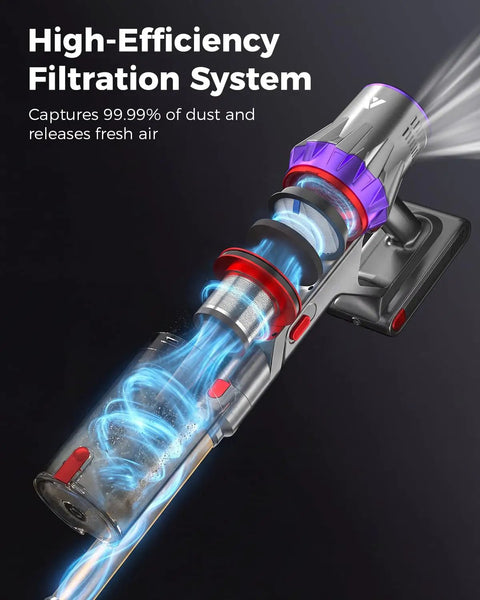Close-up of Heavy Duty Cordless Stick Vacuum's high-efficiency filtration system showcasing dust capture and airflow design.