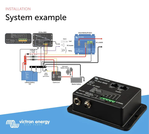 Hella Reliable Smart BMS Controller For 12 24 48 Volt Solar Systems showing installation example diagram with wiring and connections.