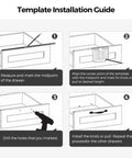 Installation guide for cabinet handle template tool, showing measurement, alignment, drilling, and knob installation steps.
