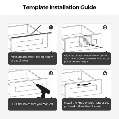 Installation guide for cabinet handle template tool, showing measurement, alignment, drilling, and knob installation steps.