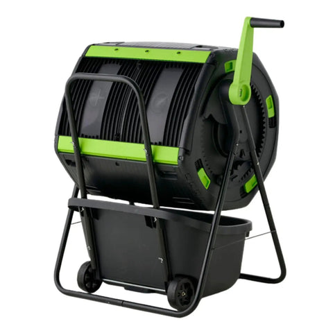 48 Gallon Compost Tumbler With Cart Dual Compartment Geared System For Easy Emptying Elevated Base With Turning Lock Ratchet