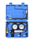 Front view of Gnhydxfe TU-21 engine cylinder leak-down tester kit in blue plastic case with dual gauges and hoses