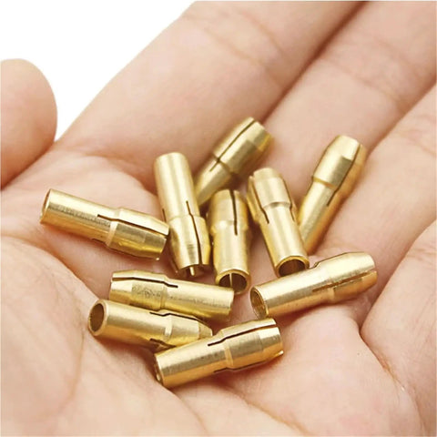 4 Premium Brass Collet Chuck Adapters In 2.4 And 3 Millimeter for Mini Rotary Power Tool held in hand, showcasing brass material and design.