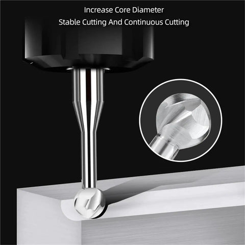 Professional Tungsten Carbide Ball Nose End Mill for Metal Machining with rounded tip cutting into metal surface.