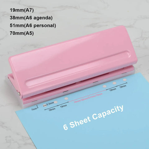 Adjustable 6 Hole Punch for A4 A5 A6 Personal and Pocket Planners, Pink, Durable Metal, Non-Slip Base, 6 Sheet Capacity