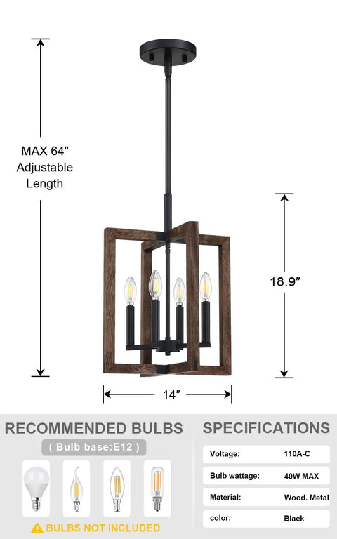 Farmhouse 4 Light Ceiling Fixture With Adjustable Hand Painted Wood Semi Flush Mount Black Finish dimensions and specs
