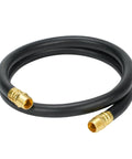 Half Inch By 5 Foot Black Whip Air Hose With Male Npt Ends And 300 Psi Rating Hybrid Rubber Pvc Lead In Compressor Hose, coiled with brass connectors.