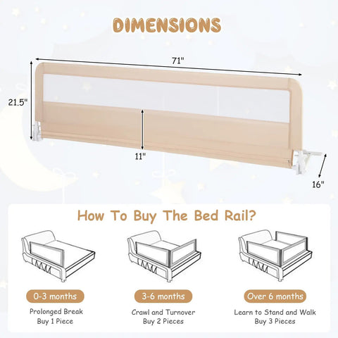 Foldable Bed Rail For Toddlers And Tots 71 Inch Safety Guard with dimensions 71x16 inches shown in beige with safety features