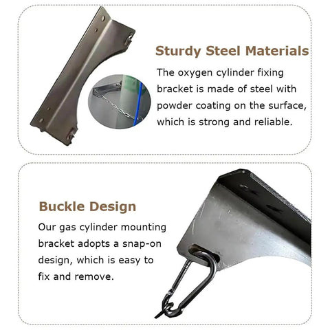 Wall Mounted Steel Gas Cylinder Holder With Chain Support featuring sturdy steel materials and buckle design for secure attachment.
