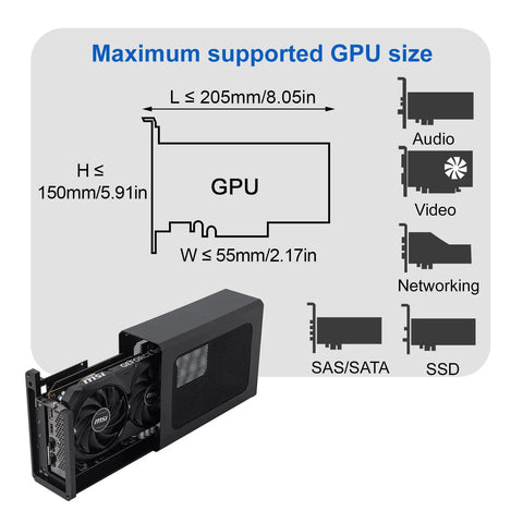 External Egpu Enclosure With Thunderbolt 4 Usb4 Compatibility And 240W Power Supply maximum supported GPU size diagram with dimensions.