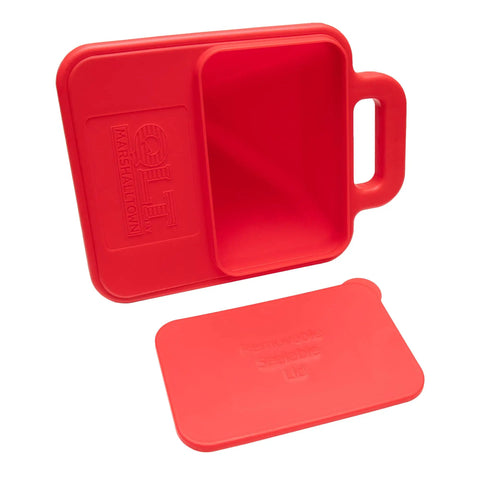 Red plastic drywall mud hawk with handle, showing interior and detachable lid, for SprayMate Drywall Hopper Gun Texture Sprayer.