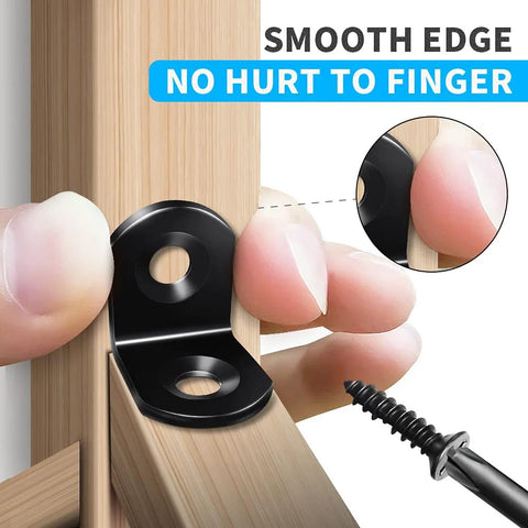 Close-up of 40Pcs L Bracket Set In Black Stainless Steel With 80 Screws for wood, highlighting smooth edges and easy installation.