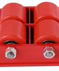 Four Piece Heavy Duty Machinery Skate Dollies Built For 13200 Lbs Loads With Sturdy PU Tires For Smooth Gear Haulin And Easy Warehouse Moves Without Breaking A Sweat On Your Shop Floor In Red close-up of roller assembly.
